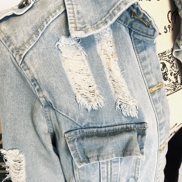 Light Wash Distressed Denim Long Jacket - Picture 9 of 13